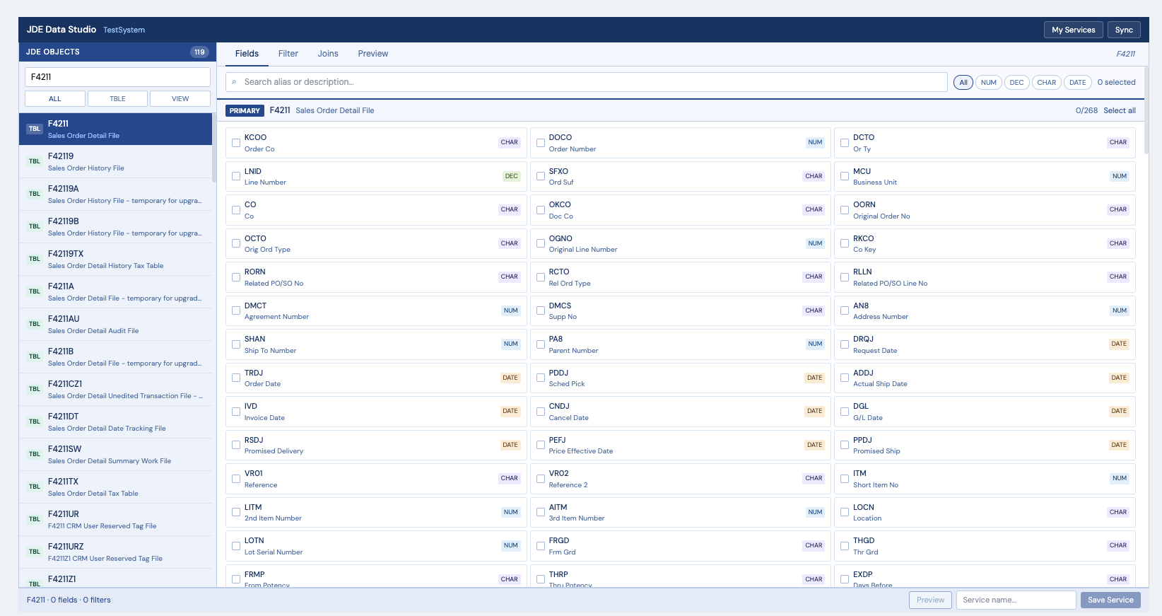 OperoStudio — JDE-Tabelle oder Business View auswählen