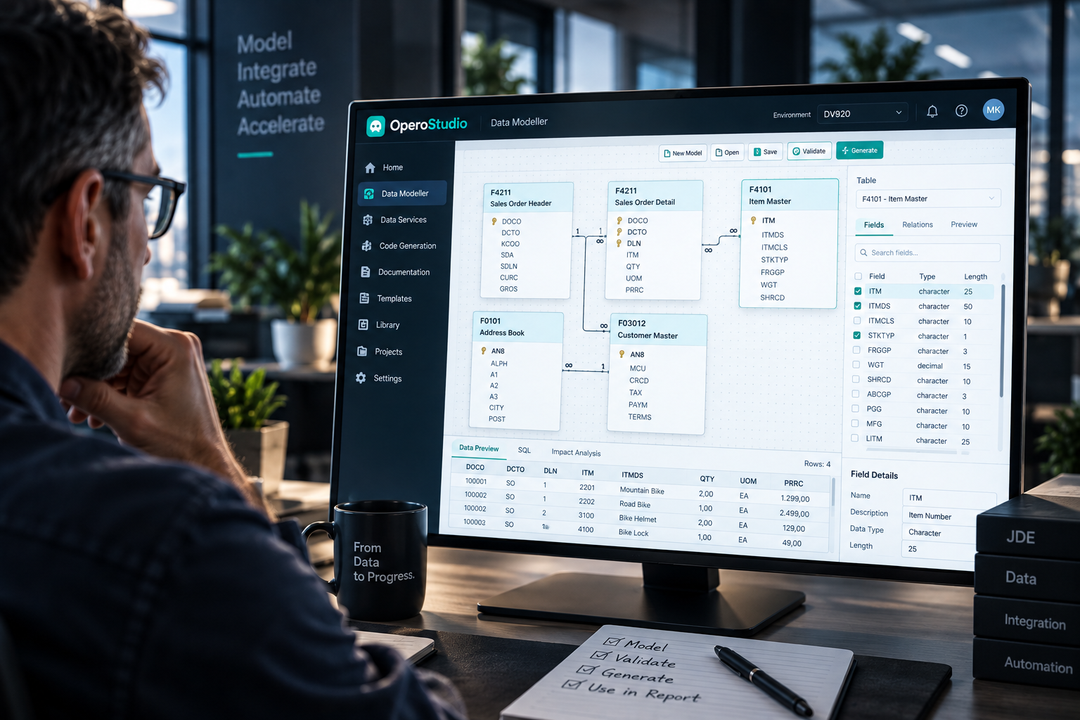 OperoStudio Data Modeller for JD Edwards tables, fields and joins