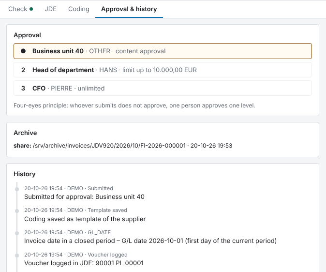 FlexInvoice: approval levels and history up to the JD Edwards voucher