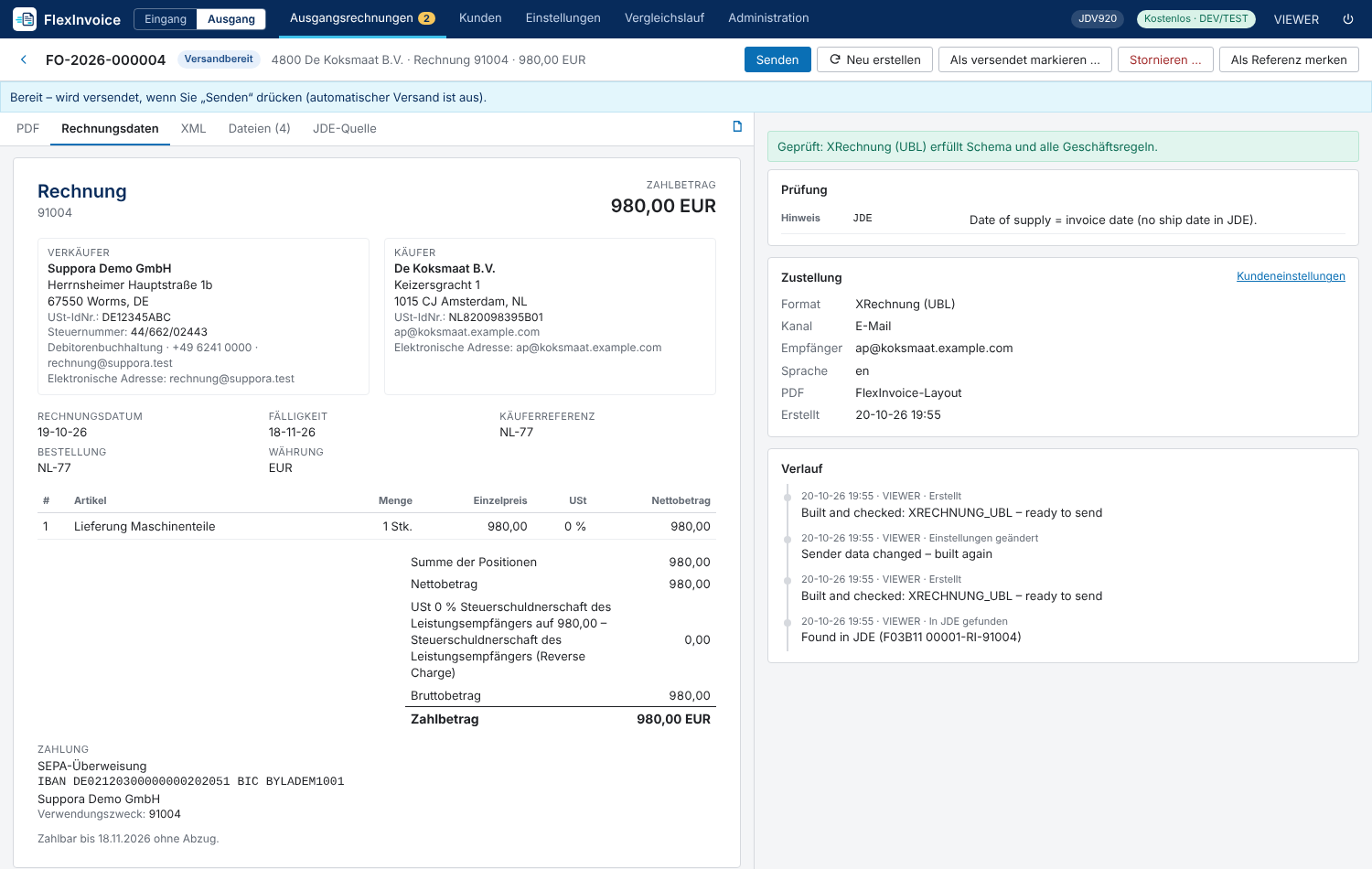 FlexInvoice: geprüfte Ausgangsrechnung als XRechnung aus JD Edwards EnterpriseOne