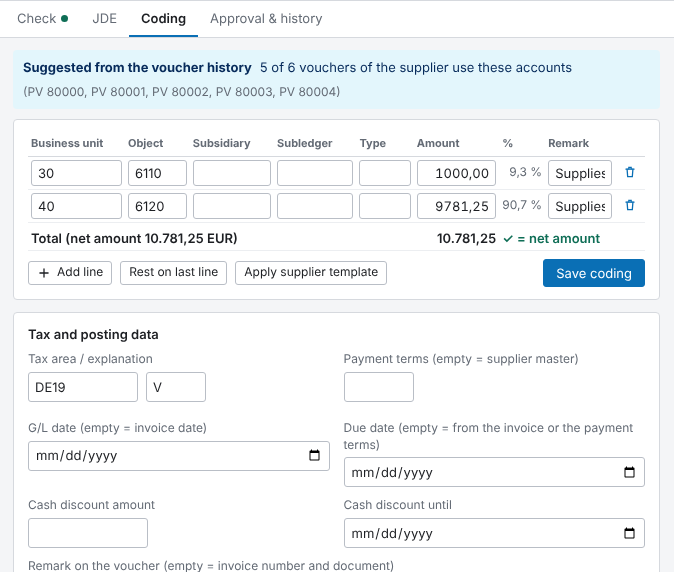 FlexInvoice: coding suggested from the JD Edwards voucher history