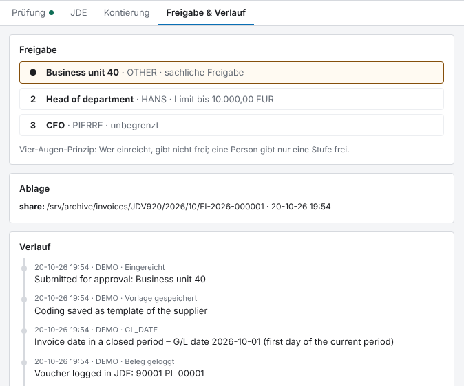 FlexInvoice: Freigabestufen und Verlauf bis zum Beleg in JD Edwards