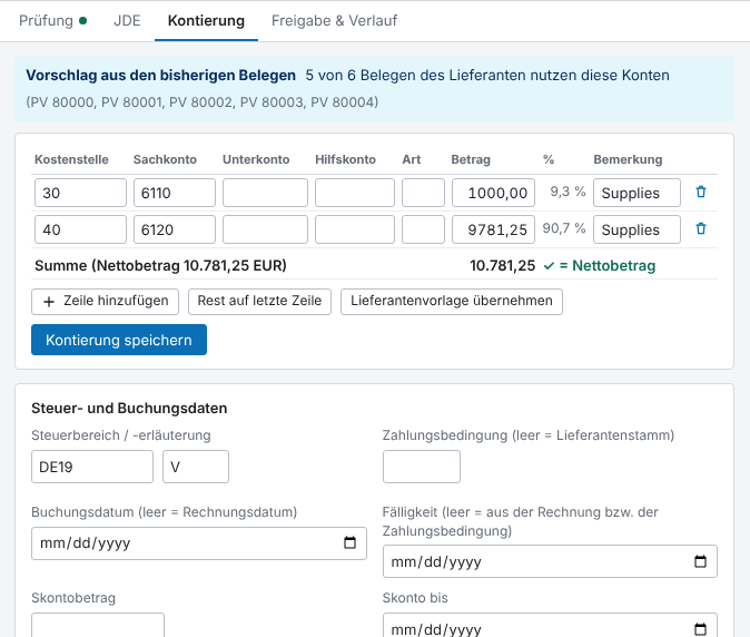 FlexInvoice: Kontierungsvorschlag aus den bisherigen JD-Edwards-Belegen