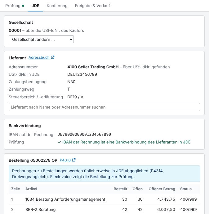 FlexInvoice: Lieferant, Bankverbindung und Bestellung aus JD Edwards zugeordnet