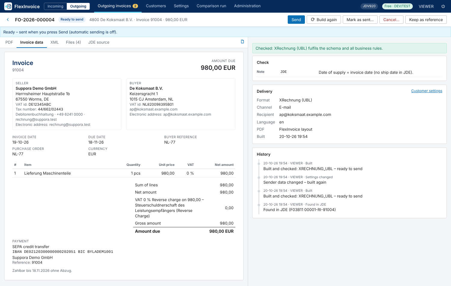 FlexInvoice: validated outgoing XRechnung created from JD Edwards EnterpriseOne