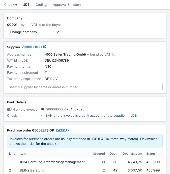 FlexInvoice: supplier, bank account and purchase order matched in JD Edwards